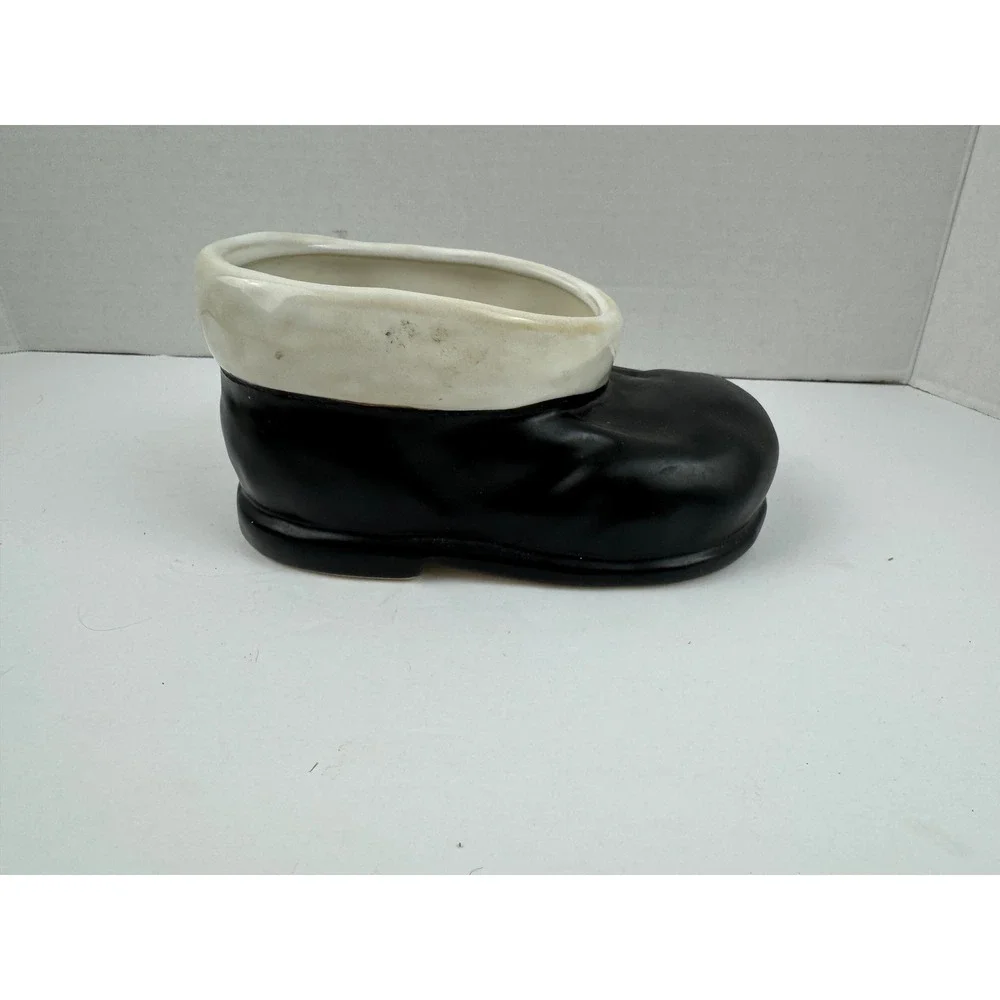 Pottery Barn Santa Boot Ceramic Planter Candy Dish Black White Holiday Decor